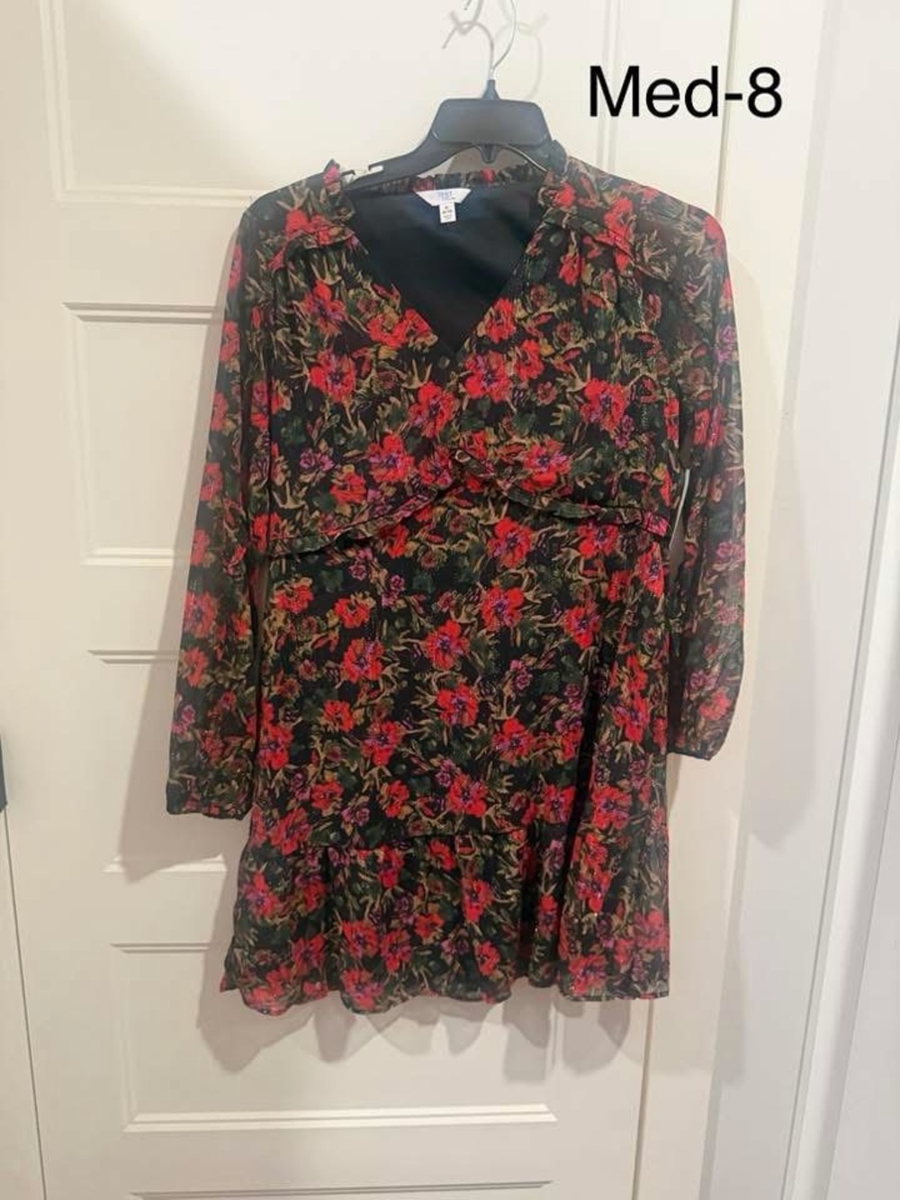 Floral V-Neck Long Sleeve Dress - Black with Red Floral
